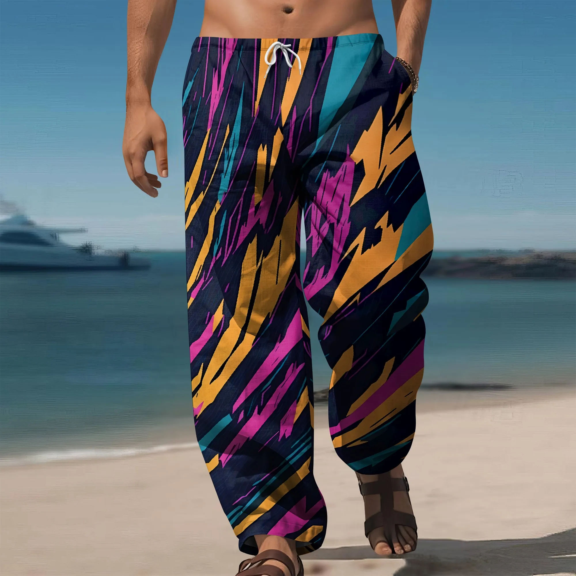 

YEAE Colorful Lightning Print Pants for Men Summer Loose Drawstring Trousers