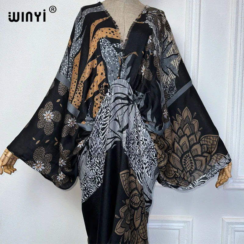 WINYI Beach Sexy V-neck Dress High Quality Boho Print Elegant Africa dress Women Evening party kaftan Retro bronzing maxi dress