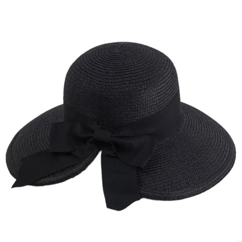 قبعة شمسية من القش الطبيعي ذات حواف واسعة تحجب الشمس، قبعة قابلة للطي مع عقدة فيونكة
