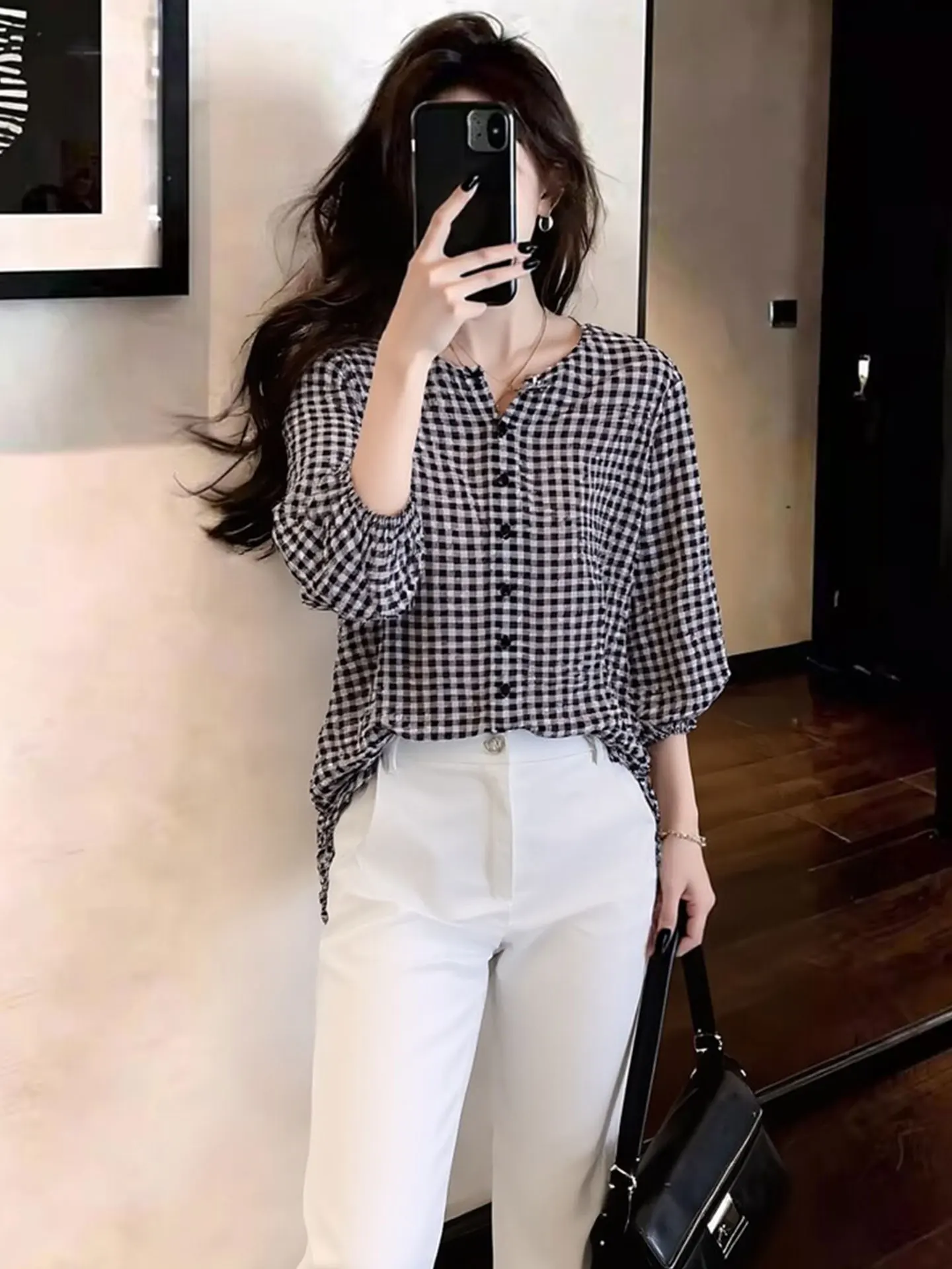 

Женская модная весенняя блузка Ele Plaid с одной пуговицей, свободного кроя, прямого силуэта, в корейском стиле, из шелковой смеси