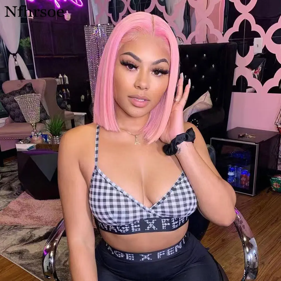 HD Lace Pink Wig Short Bob Lace Wigs Brazilian Hair Colored Pink Lace Front Wig Human Hair Straight Lace Front Human Hair Wigs