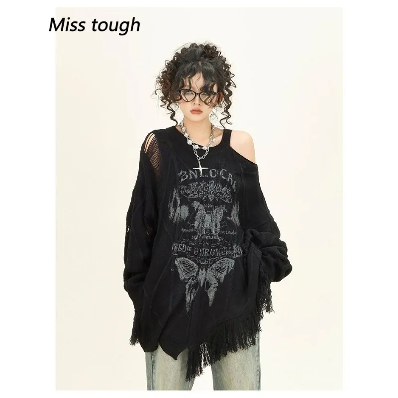 

Y2k Harajuku Gothic Knitted Pullovers Women Japanese Fashion Sexy Off Shoulder Tops Female Korea Loose Casual Sweater 2024 New