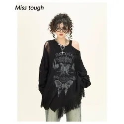 Y2k Harajuku Gothic Knitted Pullovers Women Japanese Fashion Sexy Off Shoulder Tops Female Korea Loose Casual Sweater 2024 New