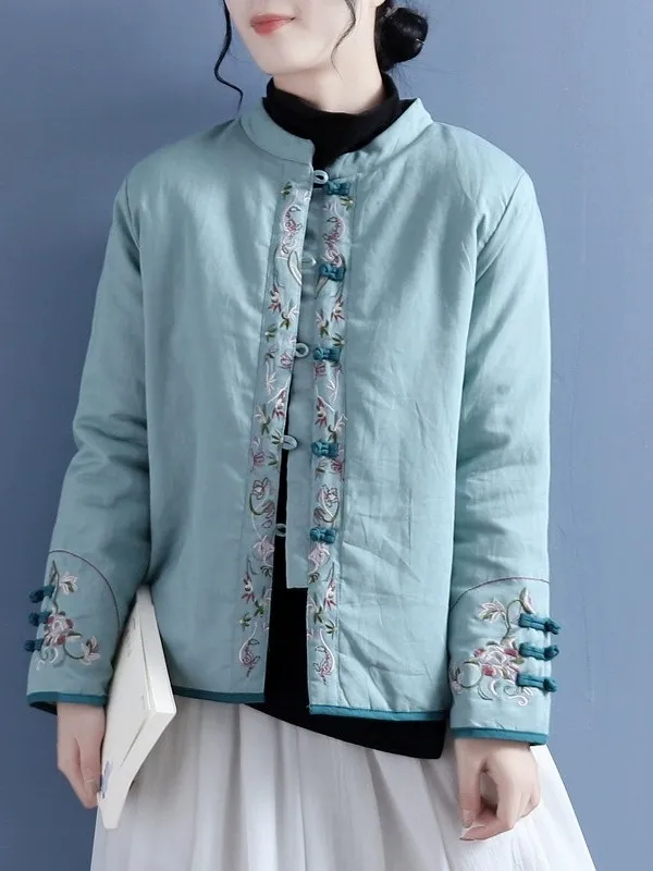 

Retro Sle ort Cotton Jaet Women's Autumn Winter Faionable Embroidered Cotton Linen Stand Collar Button up Coat