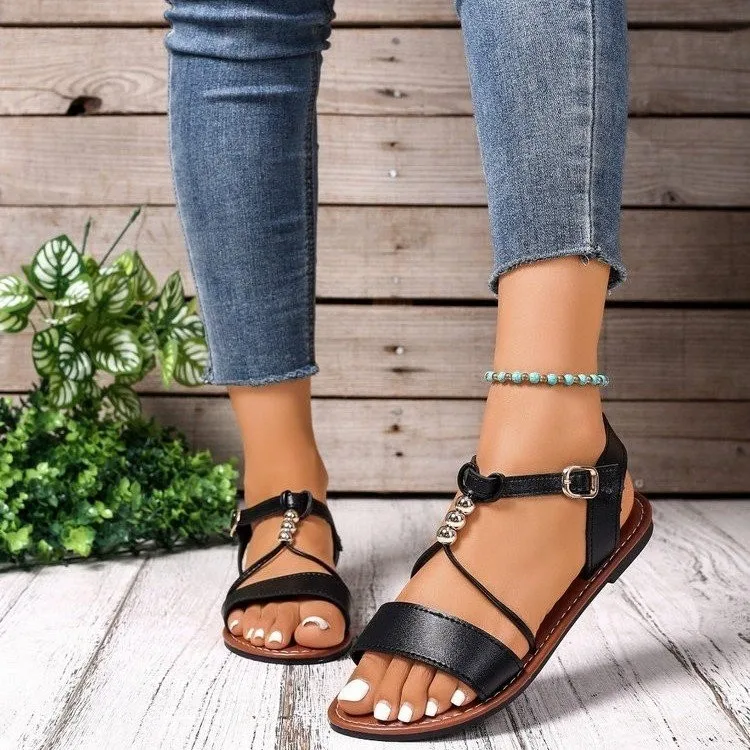 2025 Summer New Women's Daily Wear Round Toe Flat Sandals Comfort Casual Open Toe Roman Beach Sandals for Women Plus Size 36-43