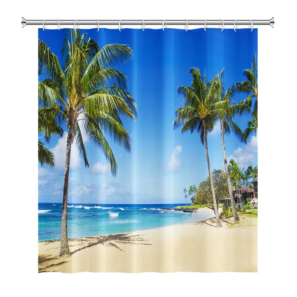 Shower Curtain Sunshine Beach Scenery Seaside 3D Printing Shower Curtain Polyester Waterproof Home Decor Curtain 180x180