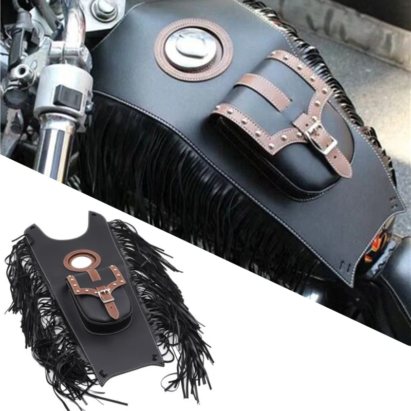 

Мотоциклетная сумка на бак из черной искусственной кожи с бахромой, сумка-накладка на крышку бака, седельная сумка для Harley Cruiser Chopper Bobber Custom