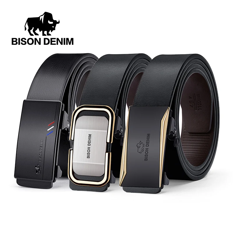 

BISON DENIM Men Belts Automatic Buckle Belt Genune Leather High Quality Belts For Men Leather Strap Casual Buises for Jeans