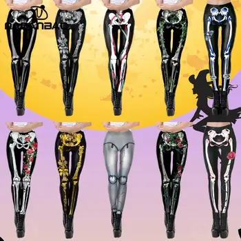 Nadanbao Leggings da donna con stampa teschio rosa Pantaloni da festa di Halloween Festival Vacanza Streetwear Pantaloni attillati a vita media femminile