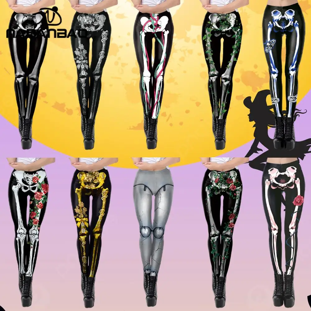 Nadanbao Legginsy damskie Rose Skull Print Halloween Party Spodnie Festiwalowe Wakacyjne Streetwear Kobiece obcisłe spodnie Mid Wasit