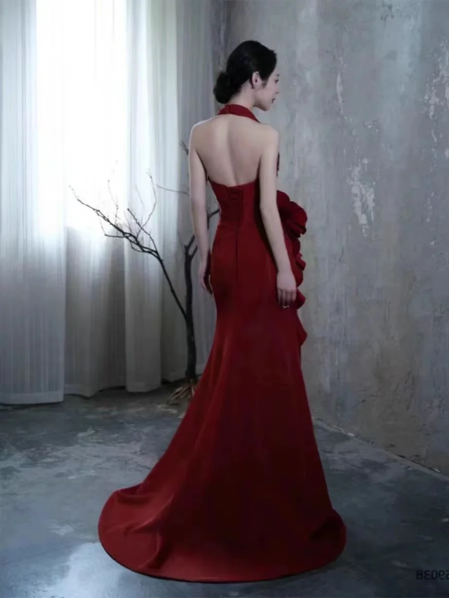 

New No. 9 wine red halter neck banquet temperament slim slit tail bride wedding toast evening dress skirt