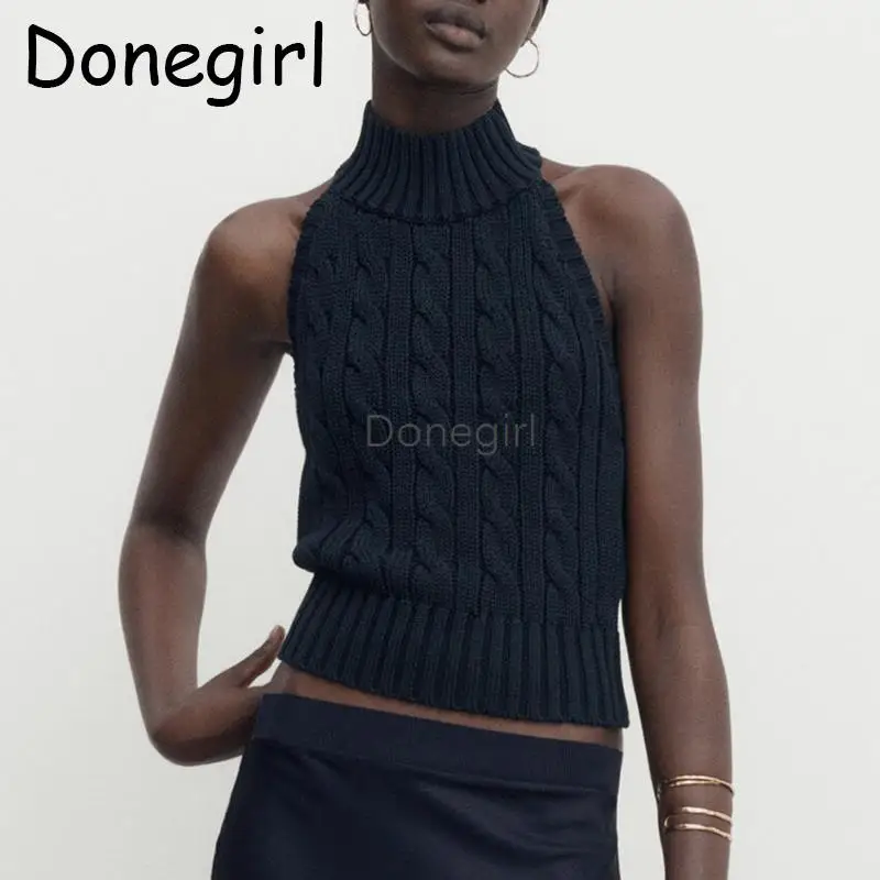 Donegirl 2023 New Women Fashion Twisted Sleeveless Hanging Neck Vest Backless Knitted Sweater Solid Simple Sexy Tops Female Chic