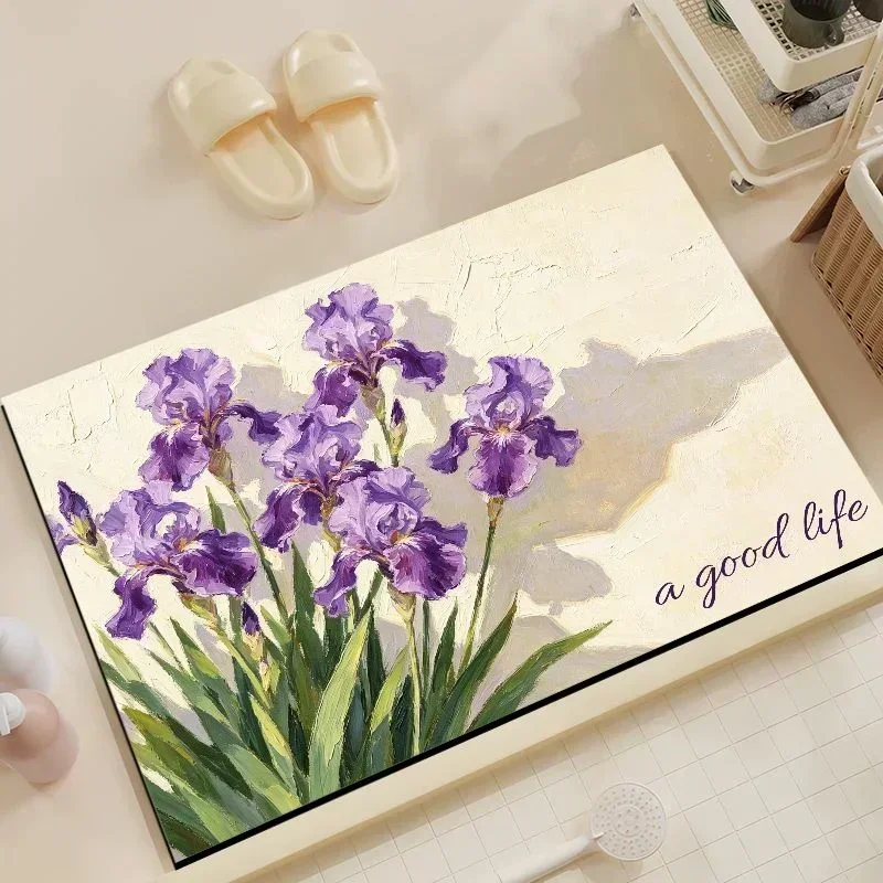 VIKAMA Oil Painting Hydrangea Flower Bath Mat Non Slip Water Absorbent Bathroom Floor Rug Floral Aesthetic Shower Rug