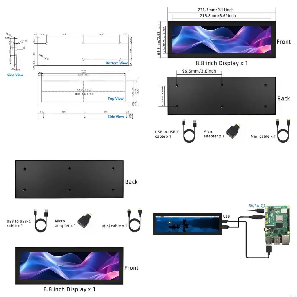 

8.8inch Touches Screen Monitor for USB Play Secondary Display For RPi PC monitor Secondary Screen K1KF