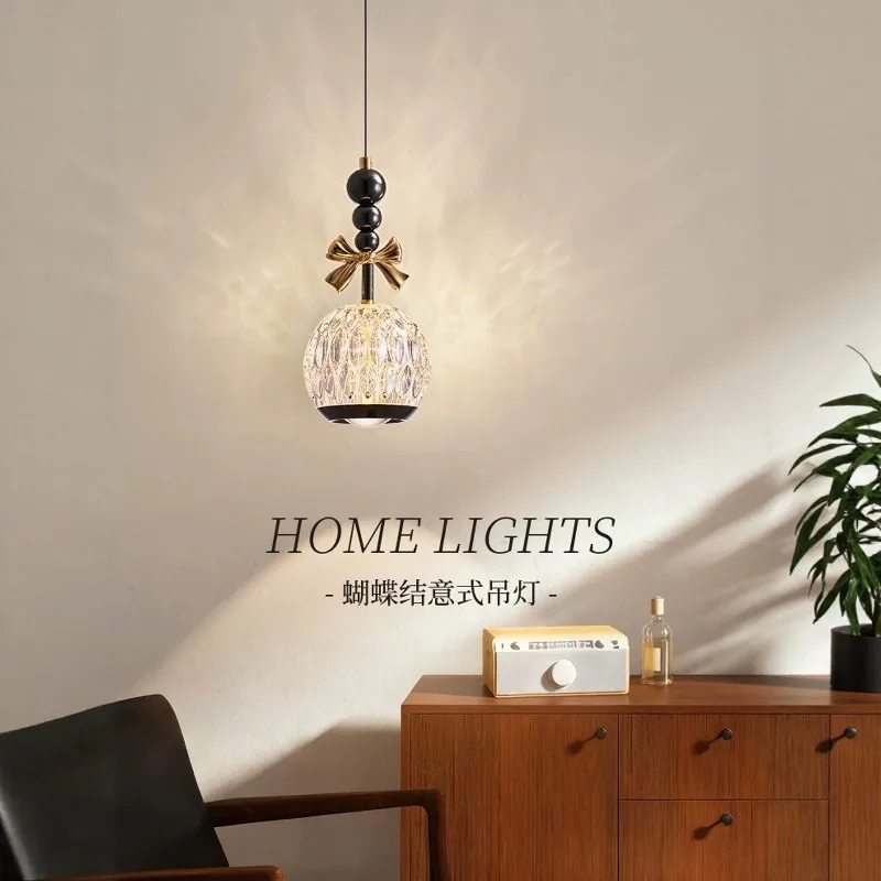 

French Retro Bow LED Pendant Light Walnut Wood Design Princess Bedroom Bedside Hallway Adjustable Height Home Decor Hanging Lamp