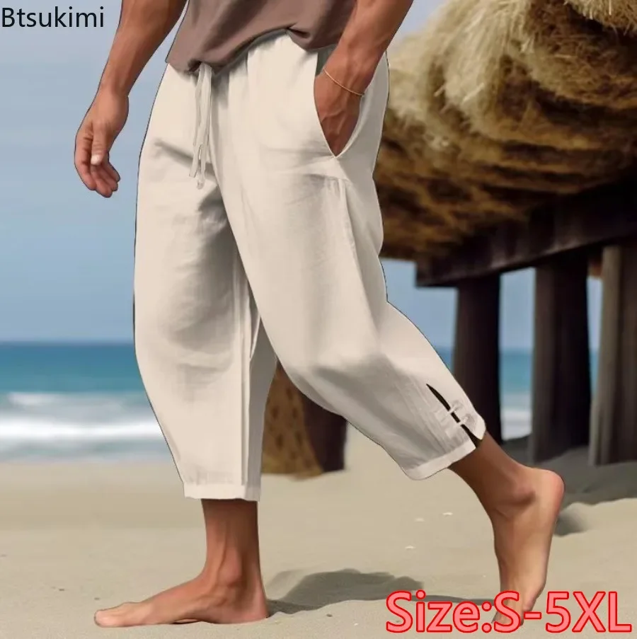 

2025 Men's Summer Cotton Linen Holiday Beach Pants Fashion Cropped Solid Loose Casual Trousers Men Ankle Length Pants Streetwear