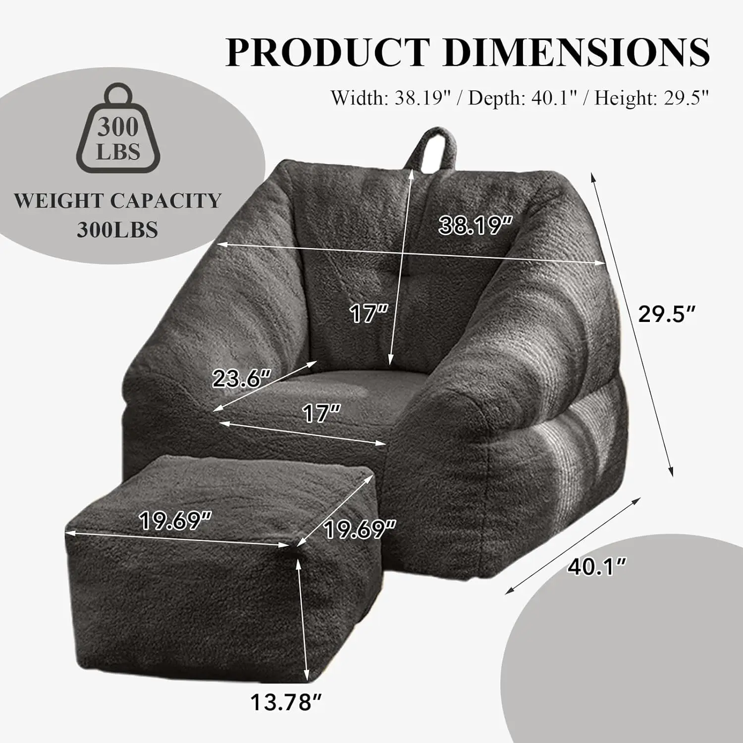 Bean Bag Chair For Adult, Teddy Upholstered Bean Bag Sofa With Large Footrest, Stuffed Beanbag Sofa Chair With Pull-Ring, Comfy