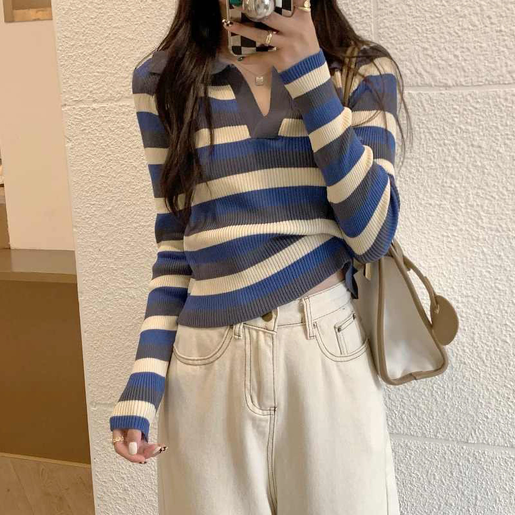 Oversized Women's Striped Bottom Shirt 2025 Spring Autumn Thin Laple Sweater Casual Versatile Long Sleeve Knitted T-shirt