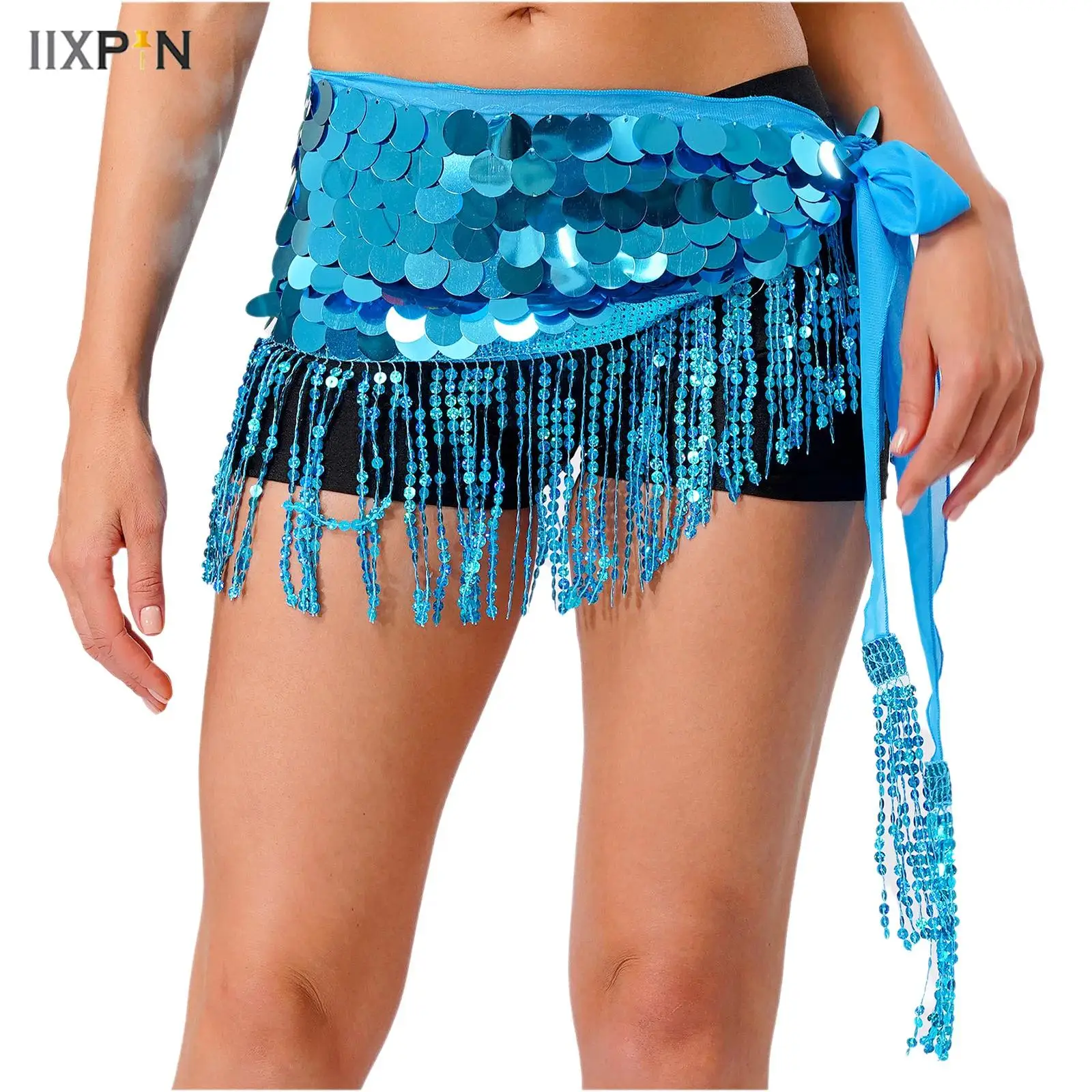 

Women's Latin Belly Dance Hip Scarf Shiny Sequin Tassel Lace-up Waist Chain Skirt for Modern Dance India Dance Performance Wear