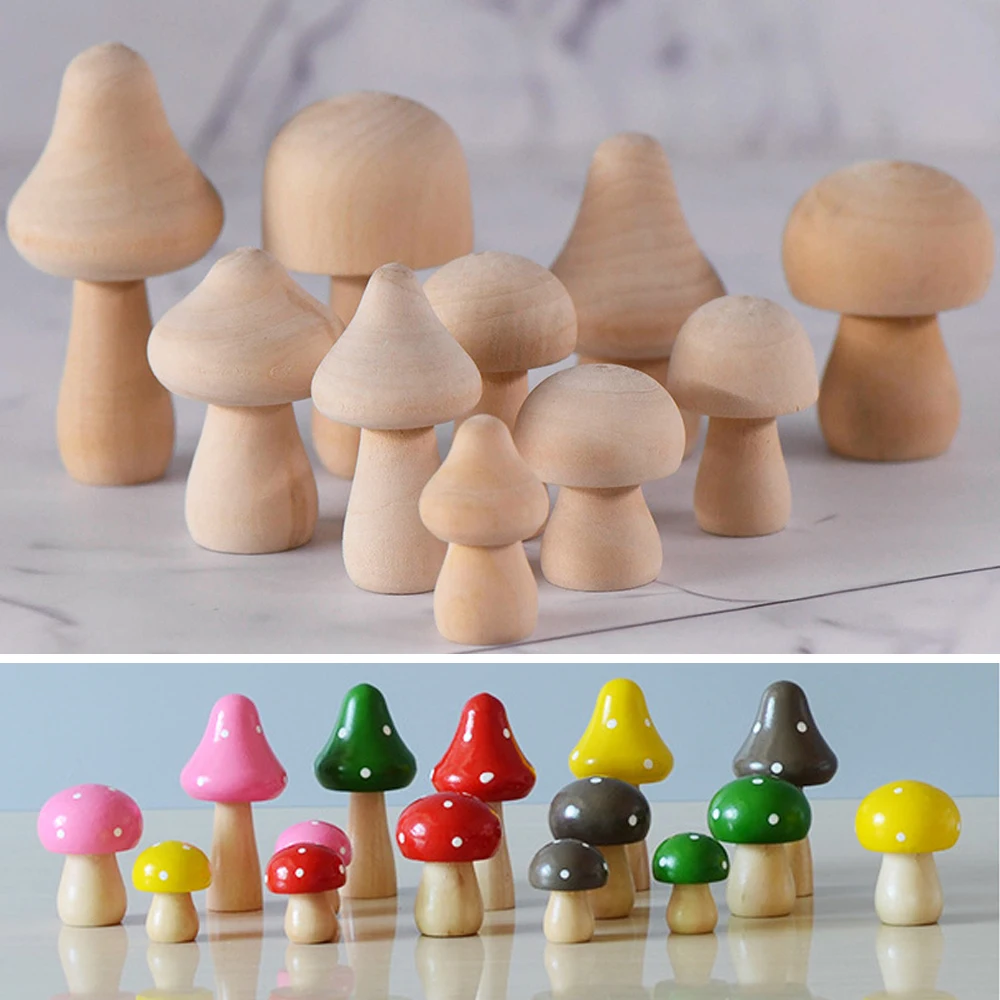 10pcs Wooden Mushroom Creative DIY Crafts Painting Natural Unfinished Mushroom for Children Kids Gift Household Ornament Decor