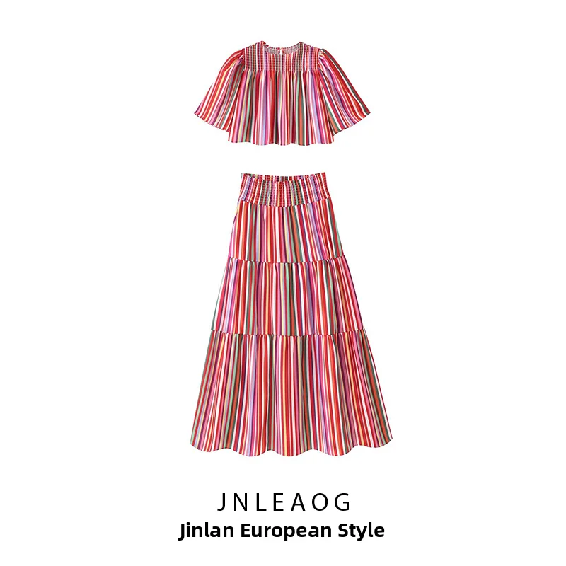 Fashionable Pleated Stripe Print Top And Half Skirt Set Autumn New Arrival Women's Clothing JNLEAOG Elegant Two-Piece Suit