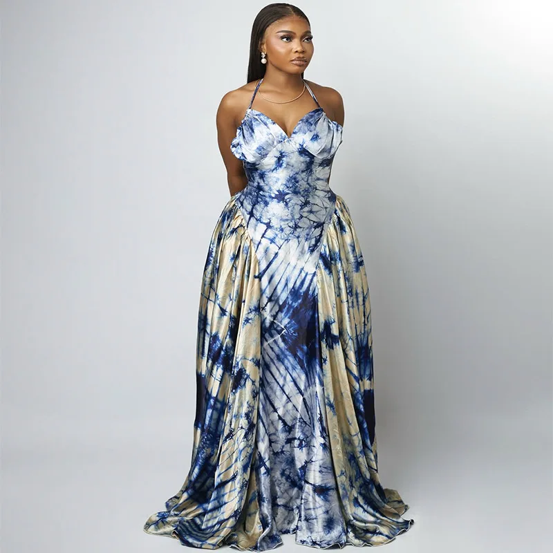 セクシーなサテン花柄プリントドレス女性のためのエレガントなヴィンテージスパゲッティストラップレースアップバックレスボヘミアンアメリカンレトロマキシドレス