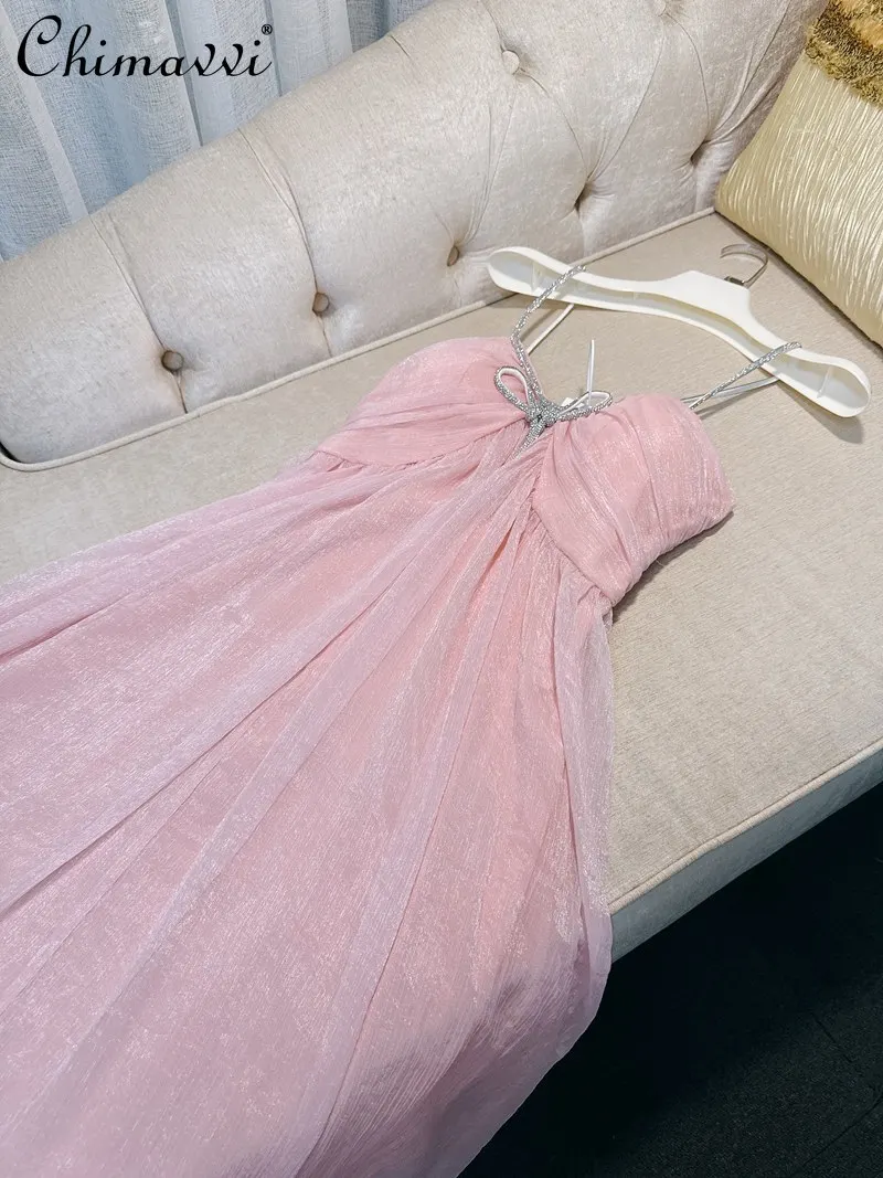

French Style Pink Elegant V-neck Rhinestone Bowknot Strapless Halter Neck Strap Dress Spring New High Waist Elegant Long Dress