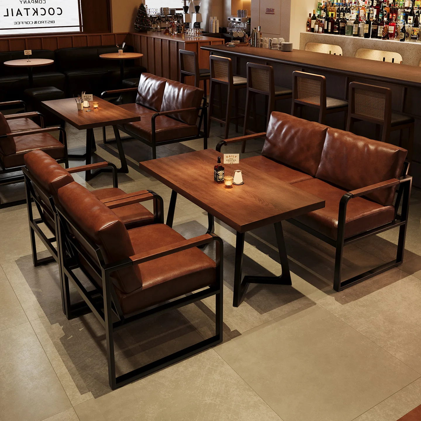 Retro bar bar table and chair combination Internet celebrity cafe pub cigar bar commercial booth sofa restaurant table and chair