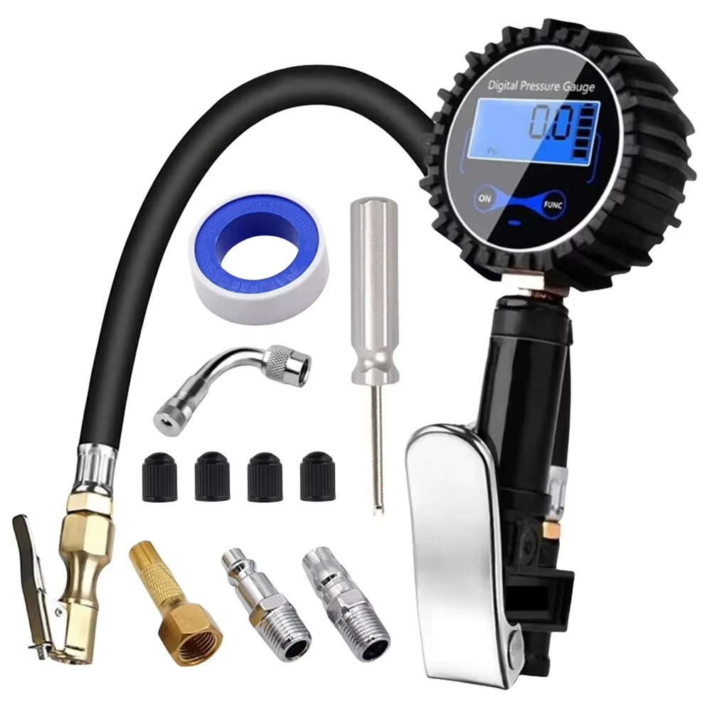 Digital Tire Pressure Inflator Gauge Aluminum Alloy Tyre Pressure Meter Air Line Clip-on Tyre Pump for Motorcycle Bicycle Auto