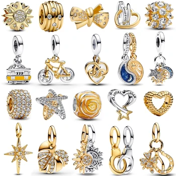 Luxury 925 เงินสเตอร์ลิงประกาย Monstera Leaf & Two-tone Spinning ล้อจักรยานสําหรับ Gold Dangle Charm Fit สร้อยข้อมือแบรนด์