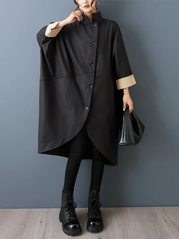 SuperAen الربيع والخريف جديد فضفاض الوقوف طوق الألوان المتناقضة Batwing الأكمام عارضة أزياء غير المتكافئة معاطف طويلة