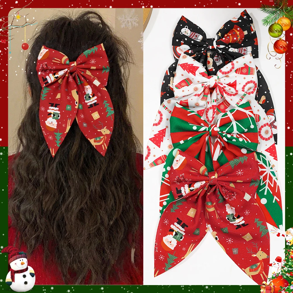 

4-Piece Women's Xmas Hair Clips: Cute, Santa/tree print, festive, for gifts/accessories, duckbill type.