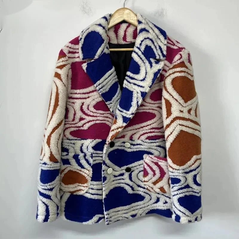 Niche Design Men's Casual Suit Jacket Colorful Imitation Lamb Wool Geometric Totem Personality Male Blazer LO37