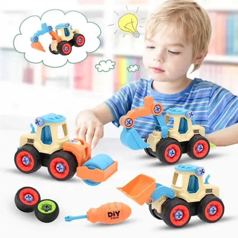 4Pcs Construction Toy DIY Engineering Car Fire Truck Screw Build and Take Apart Great For Kids Boys Educational Toy For Children