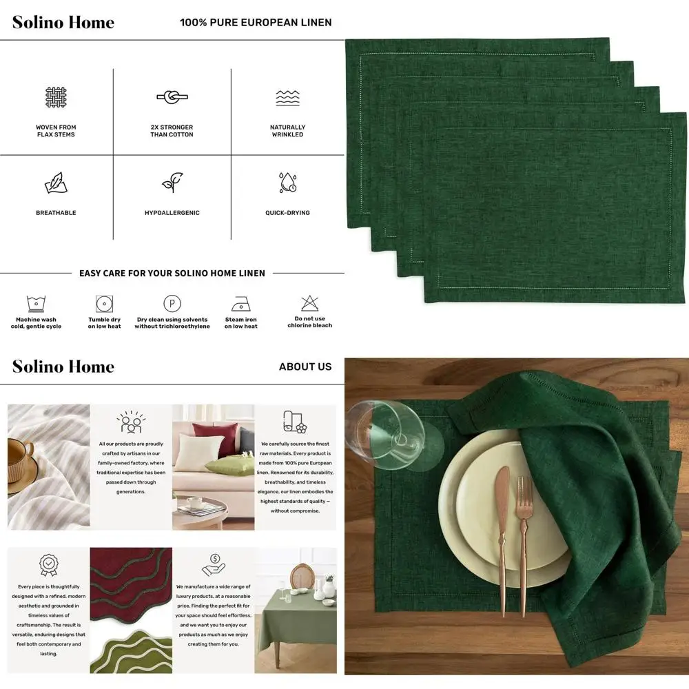 

Set of 4 Pure Linen 14x19 Hemstitch Placemats in Forest Green for Festive Dining