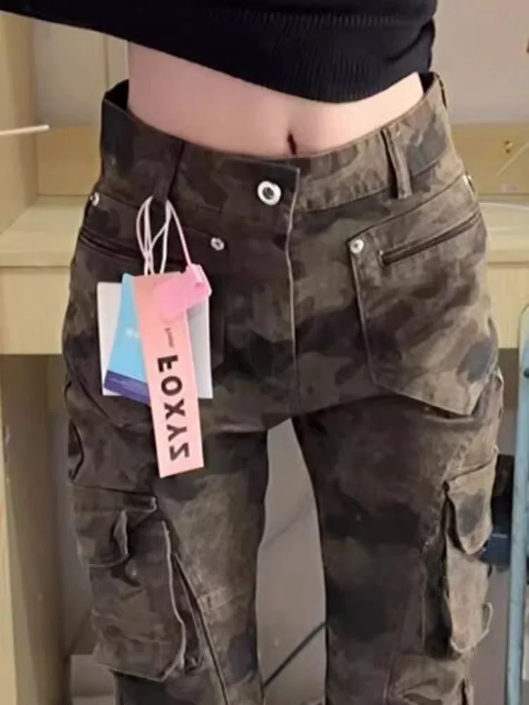 

Большие размеры, американские джинсовые брюки-карго с высокой талией, женские осенние новые винтажные утягивающие камуфляжные брюки, повседневная одежда