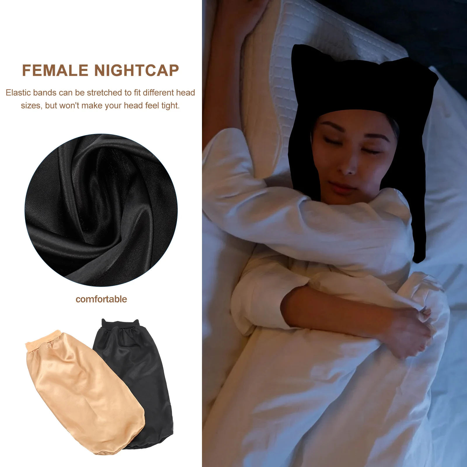 

2Pcs Satin Sleeping Hats Women Long Elastic Breathable Sleep Caps Hair Beauty Bonnet for Travel Home Use