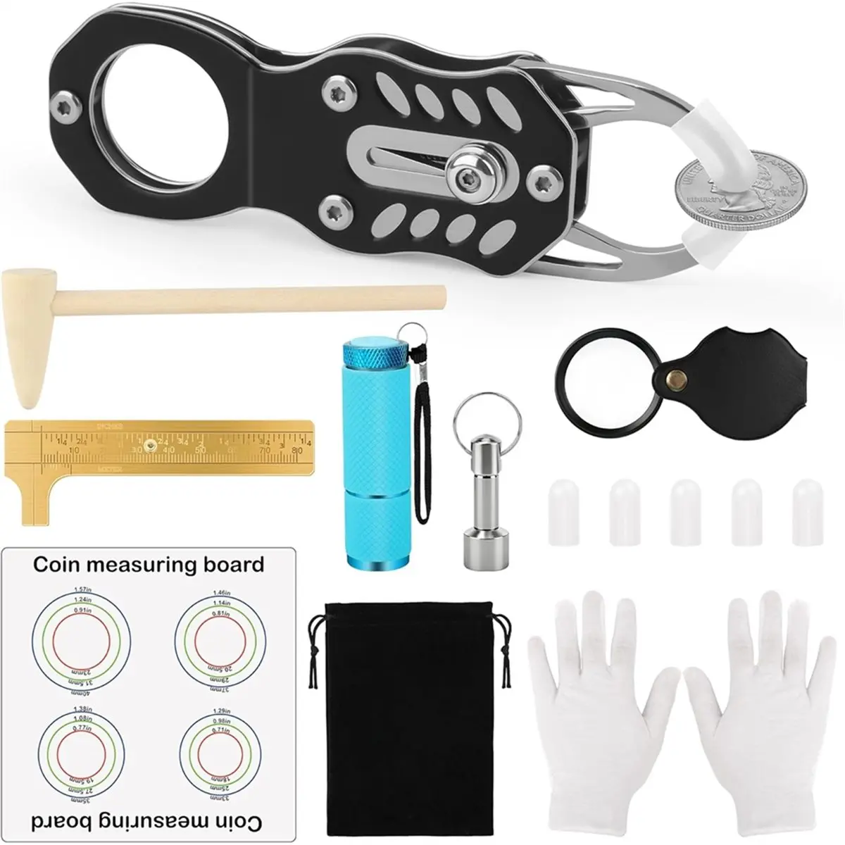 Silver Coin Tester Kit, Gold Testing Kit,Include Coin Holder, Magnifier, Magnetic Clasp, Calipers, Measuring Mat