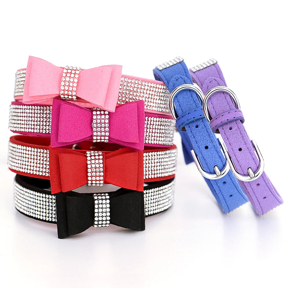 Small Medium Bling Rhinestone Suede Leather Bowknot Accessories Dog Collar Adjustable Pet Puppy Kitten Pug Necklace Collars