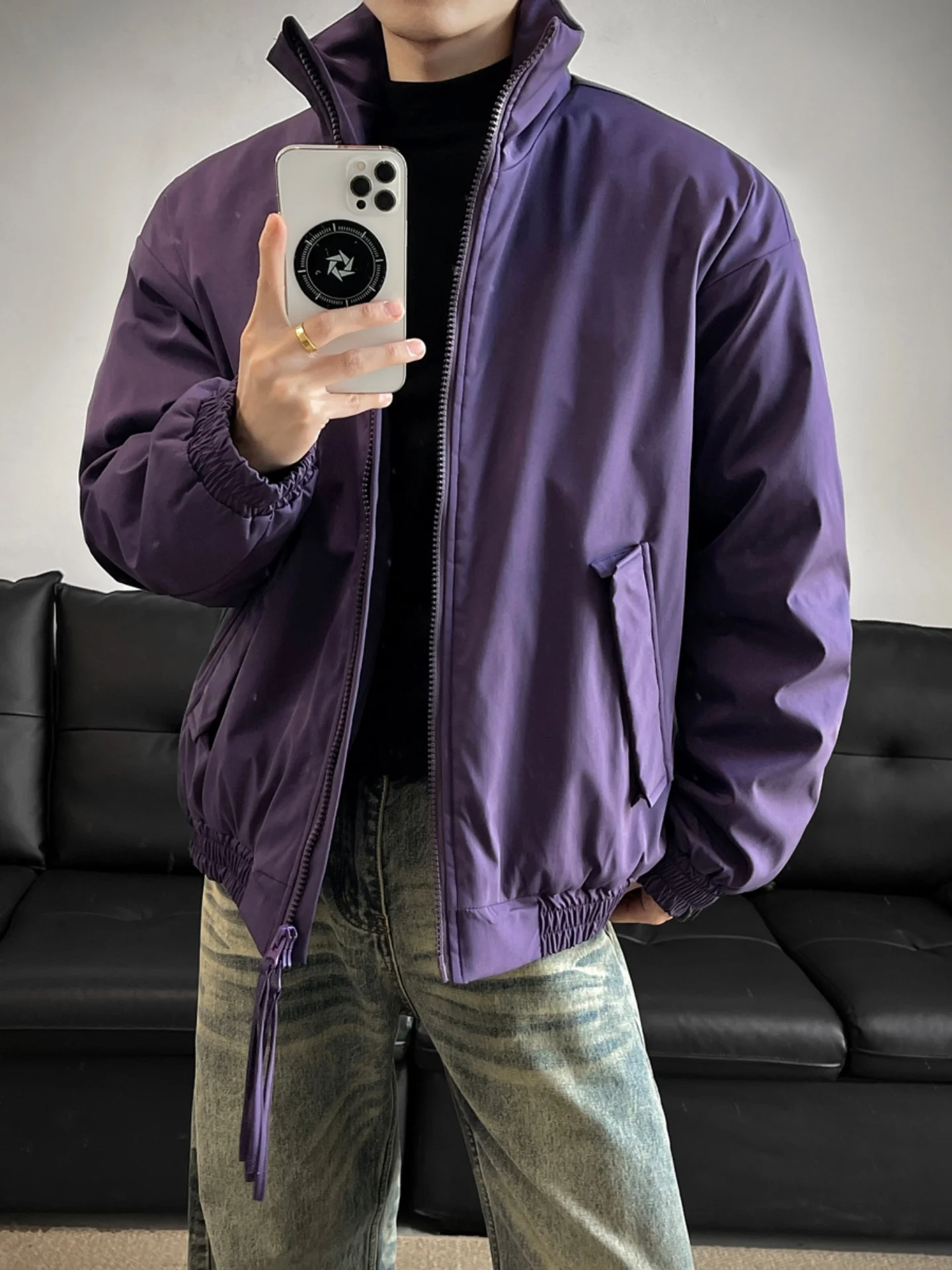 

Men's down Jaet Bomber Coat Winter Warm Thiened Cotton Inner Belted Casual Loose Fit Tee-Proof Flight Jaet