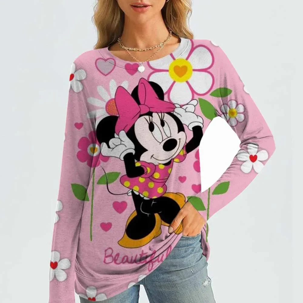 

Женская футболка 2025 года, футболка с принтом Микки Мауса Диснея, повседневный топ с длинными рукавами, модный круглый вырез, стандартный крой Y2K для девочек