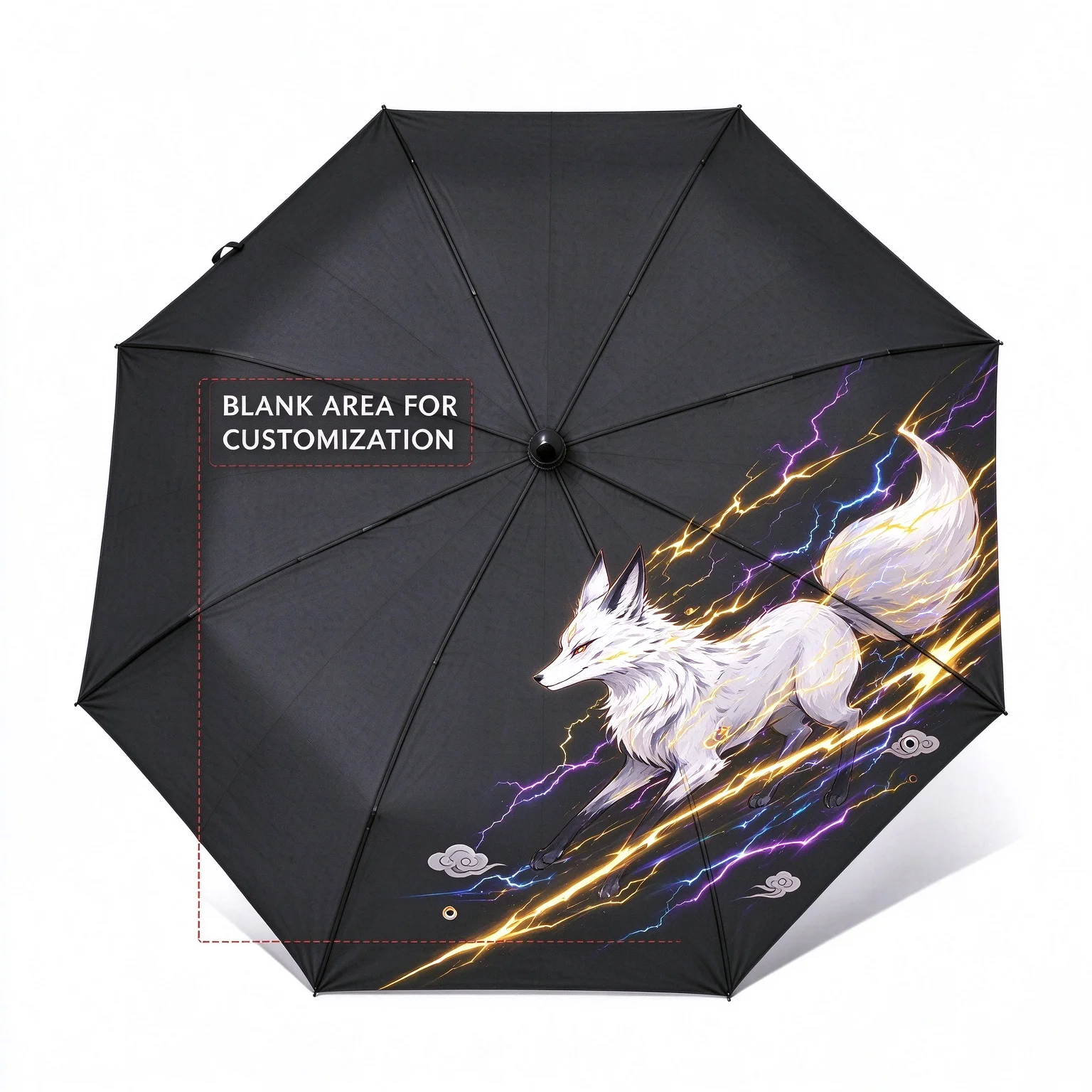 Custom Anime White Nine Tailed Fox Lightning Straight Umbrella, Personalized Custom Name & Pattern, 8 Ribs Windproof Long Umbrel