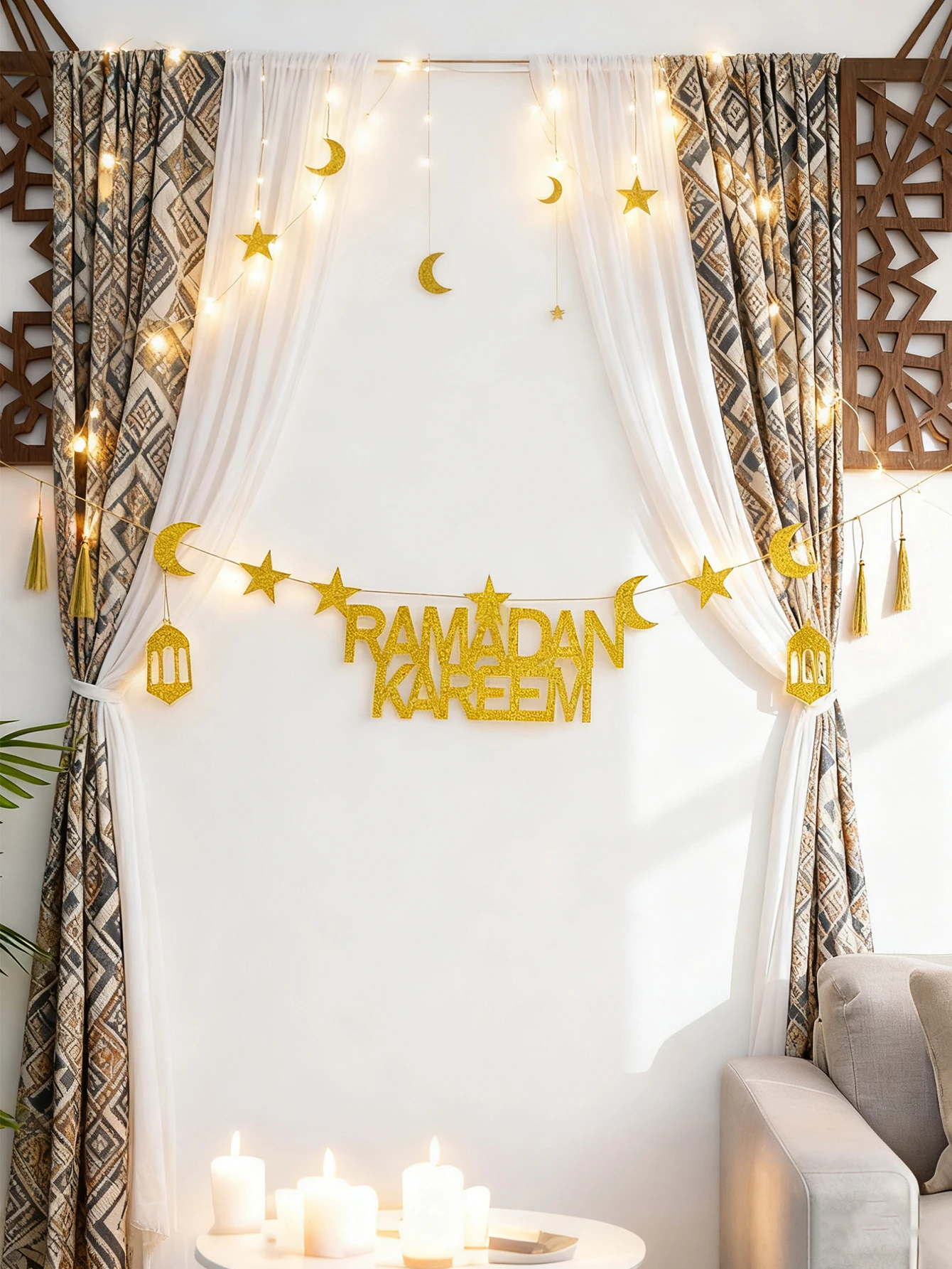 Ramadan Kareem Gold Glitzer Banner Vliesstoff Stern Mond Laterne Quaste Wanddekoration Girlande Islamische festliche Heimdekoration