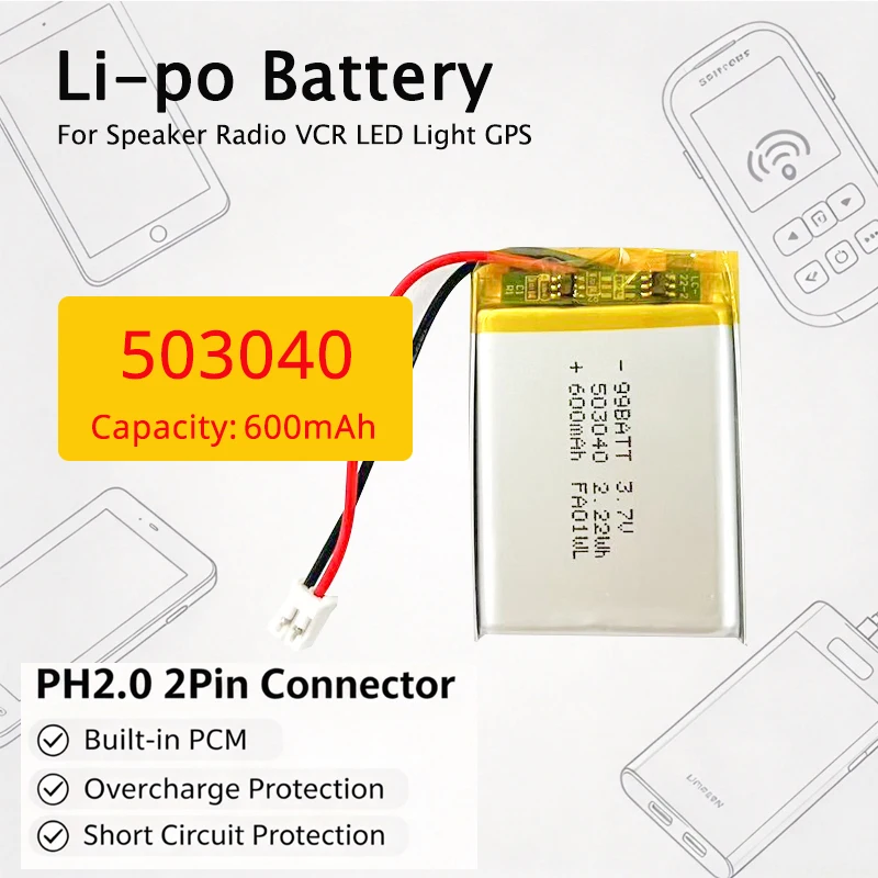 503040 3.7v 600mah Lipo Battery 053040 Lithium Polymer Batteries for GPS Navigator Smart Watch LED Light Bluetooth Speaker MP3