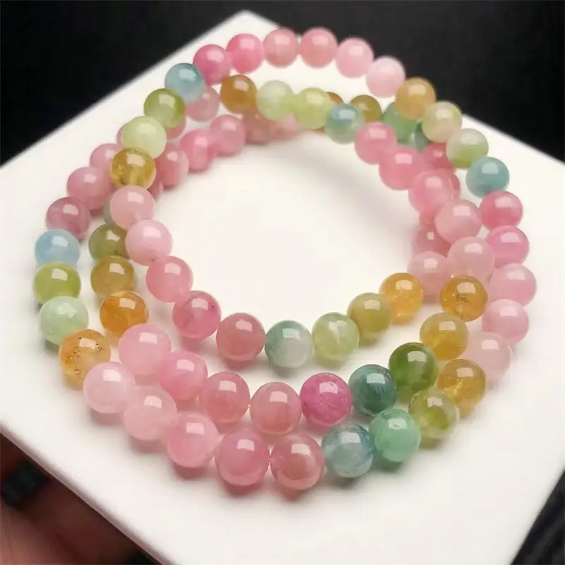 Natural Macaron Tourmaline Triple Circle Bracelet Smooth Gemstone Reiki Healing Jewelry Energy Crystal Holiday Gift 1PCS 6/6.8MM