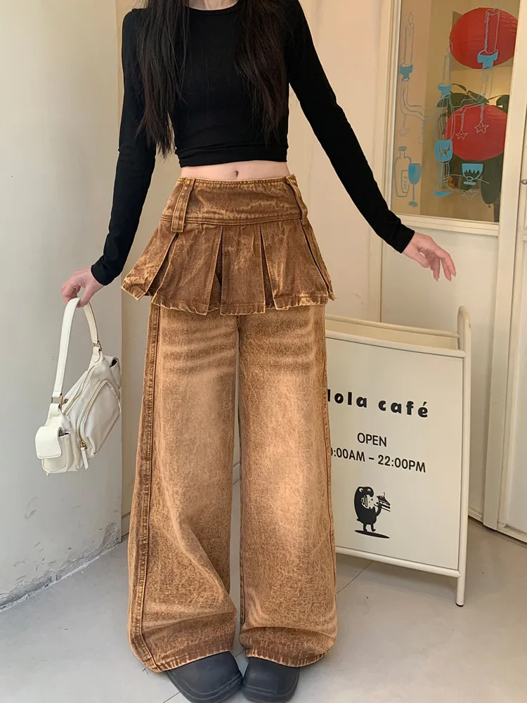 2026 Cyber Y2K Streetwear Vintage Braune Baggy Stacked Jeans für Damen – Weite Bein Denim-Hose Pantalon Femme – Detail 7