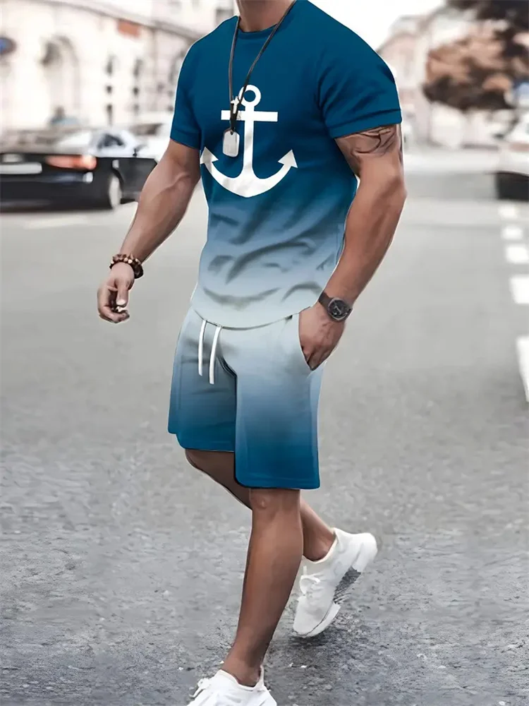 2024 Summer 3D Printing  Men\'s Sailor Sleeve Set Anchor Print Pattern Short Sleeve Shorts Set Crew Neck T-Shirt Drawstring