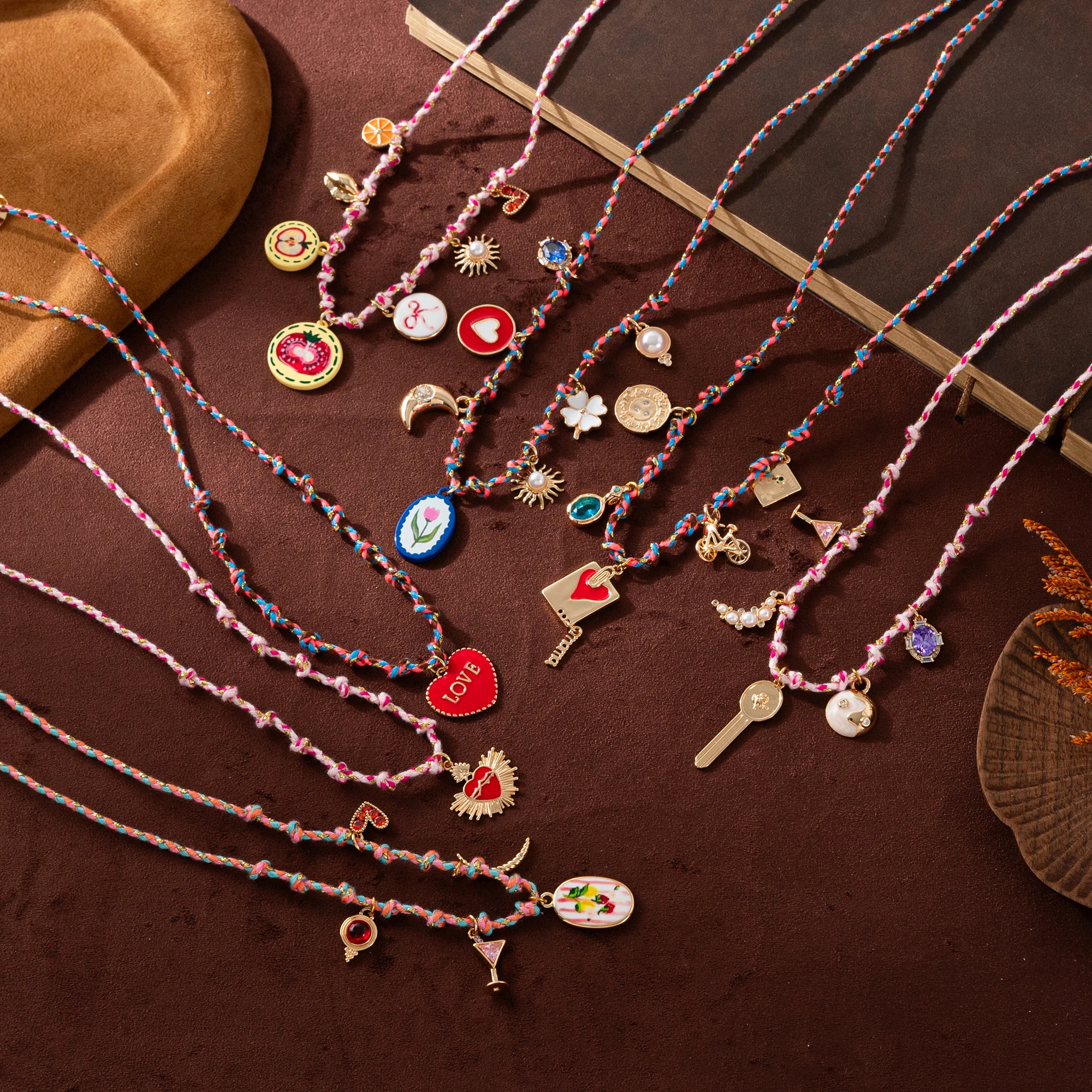 Fashion Trend Dopamine Bow Fruit Love Moon Multi Pendant Necklace Stylish Accessory for Women