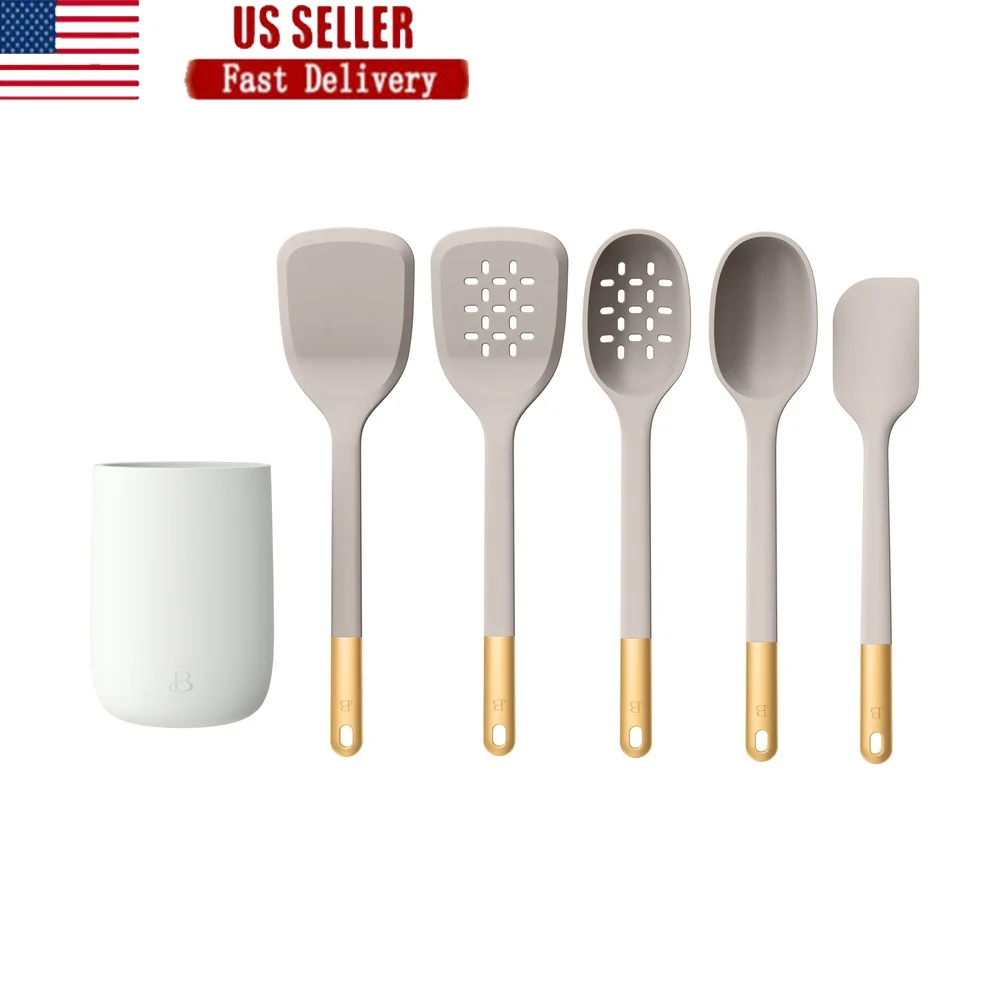 

Набор силиконовых кухонных принадлежностей из 6 предметов с керамической кастрюлей для хранения, термостойкие, можно мыть в посудомоечной машине, без BPA, кухонные инструменты