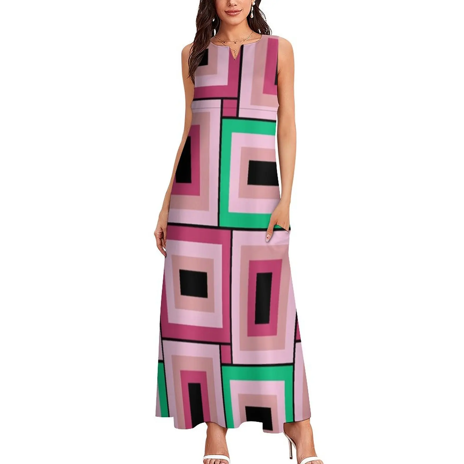 Mid-Century Modern Pink And Green Rectangles Pattern Long Dress dress summer 2025 women chic and elegant evening dress